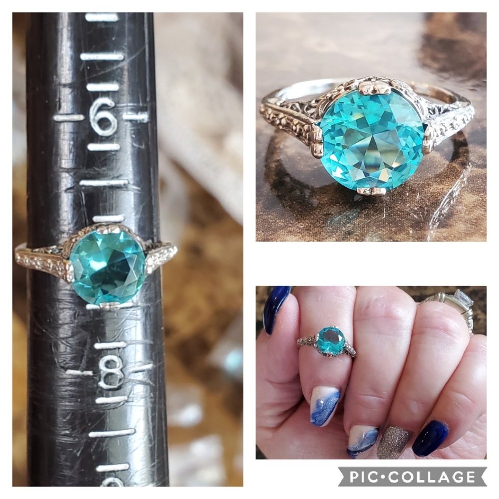 Genuine 3ct Aquamarine Art Deco Ring Size 7 - Picture 8 of 8
